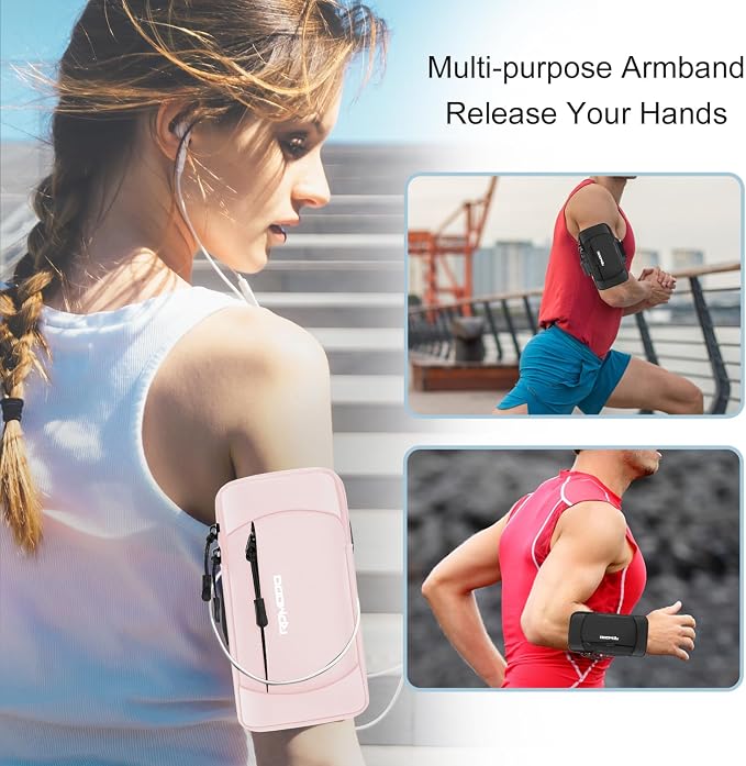 Running Armband Phone Holder, Water Resistant Arm Band 7.5" Pink | Lightweight, Adjustable Cell Phone Holder for Running, Large Capacity Arm Bands for iPhone 17 16 Pro Max Samsung Galaxy