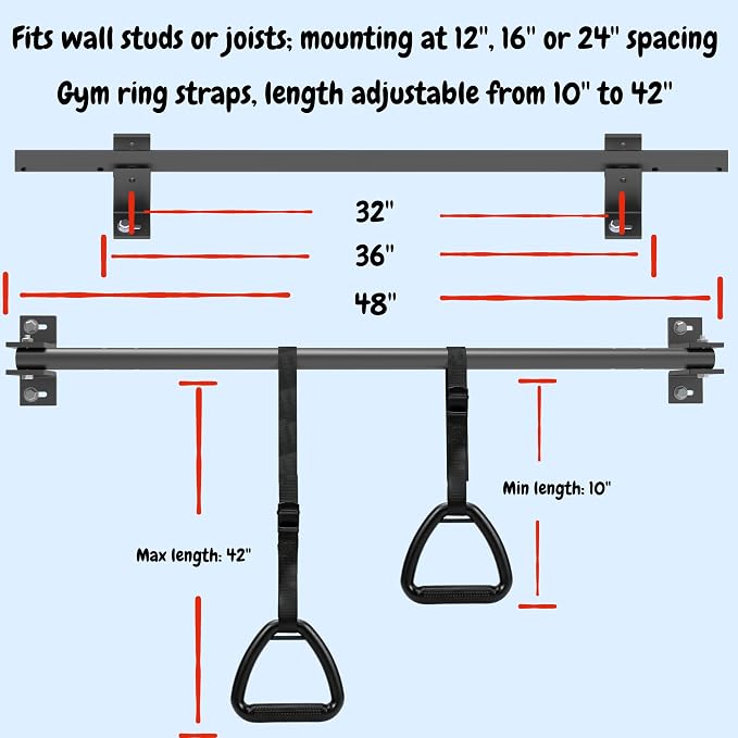 48'' Joist Mounted Pull Up Bar with Gym Rings Wall Studs Mount Chin Up Bar for Ceiling, Beams, Doorway & Corner Mount Heavy Duty Pull-up Grips for Home Gym Strength Training – Patent Pending