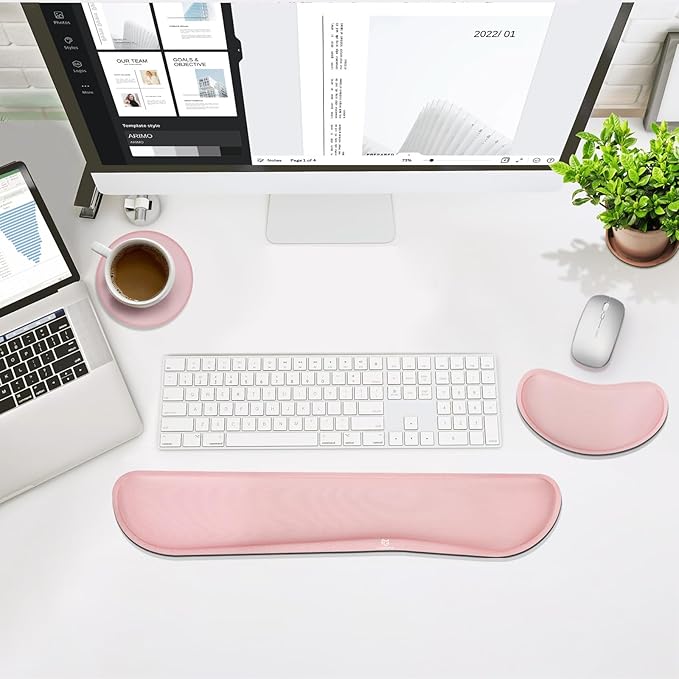 Gimars Upgrade Cleanable PU Leather Keyboard Wrist Pillow Rest Pad, Enlarge Mouse Wrist Cushion Support for Office, Computer, Laptop, Mac, Durable, Comfortable, Pain Relief, Pink
