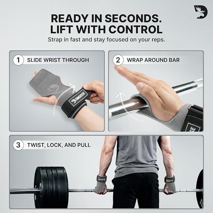DMoose Fitness Weight Lifting Hooks (Pair) for Deadlifts, Pull Ups, Rows & Shrugs - Anti-Rip Nylon Strap Hand Grips with Thick Wrist Padding - Heavy Duty Wrist Straps for Weightlifting & Gym Workouts