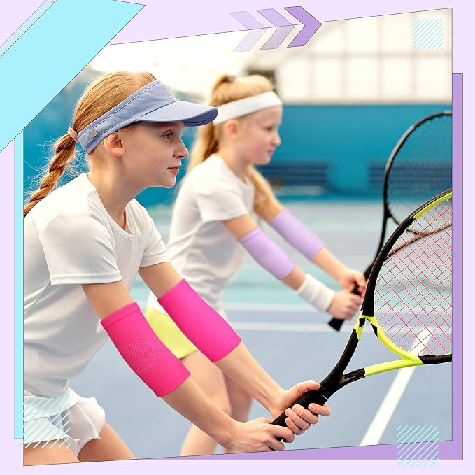 Lenwen 4 Pairs Kids Elbow Brace Compression Arm Elbow Sleeve Knit Guard Gym Protectors for Boys Teen Children Girls Basketball Volleyball Tennis Cycling(5-10 Years,Black, Purple, Rose Pink, Sky Blue)