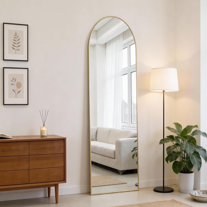 DUMOS 47"x14" Full Length Door Mirror, Arched Full Body Mirror, Gold | Aluminum Alloy Thin Frame, Leaning or Hanging, Suitable for Bedroom, Livingroom, Cloakroom