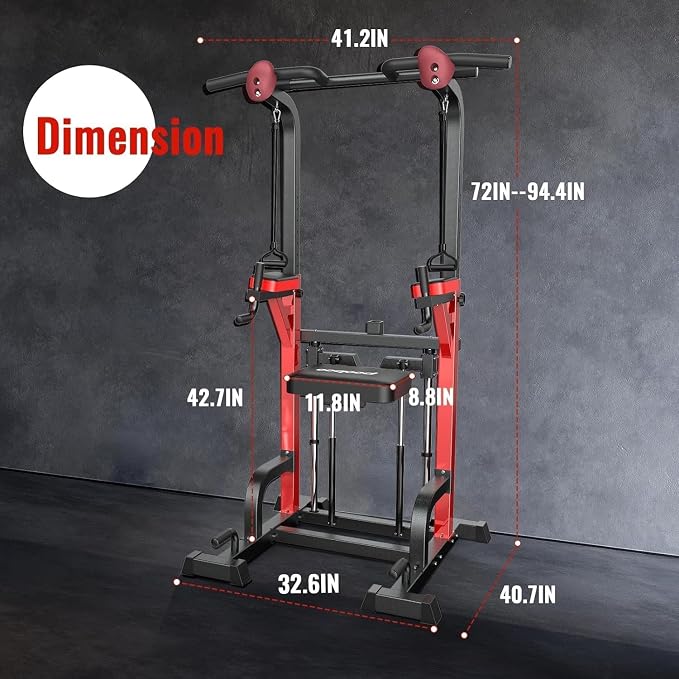 Pull Up Bar Power Tower Dip Station, 450LB Adjustable Home Gym Equipment | 11-height adjustment supports pull ups, dips, knee raises, push ups and versatile full-body strength training