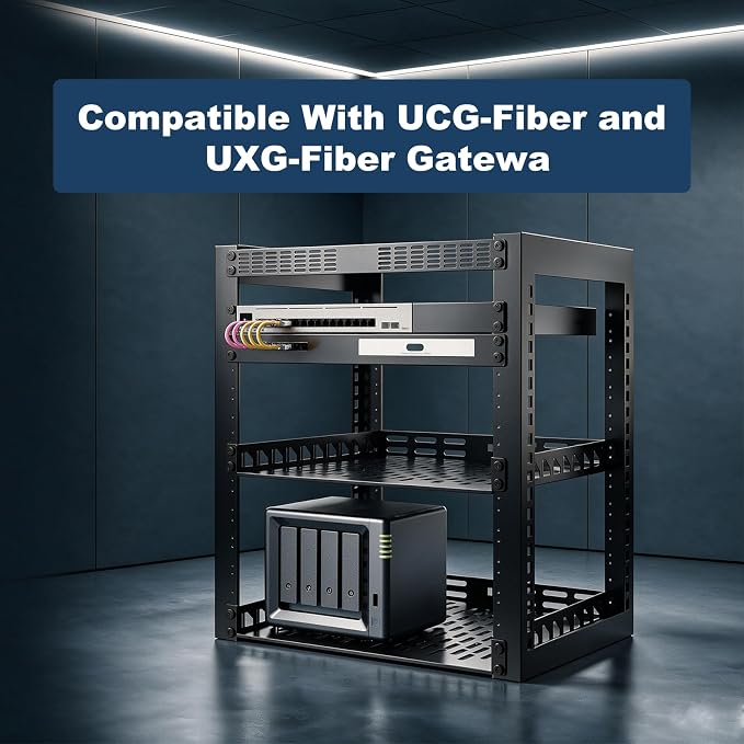 19-inch 1U Metal Rack Mount for Ubiquiti UCG-Fiber & UXG-Fiber - Hinged Rack Tray with 7 CAT6 Keystones, Power Bay, Ventilated Steel Shelf, Black