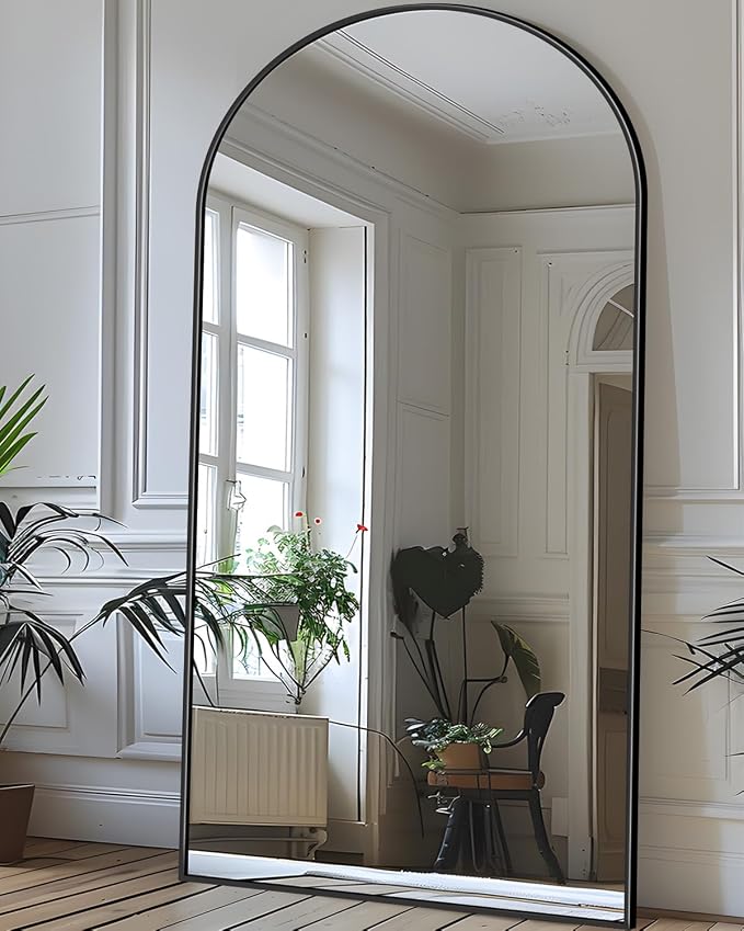 Antok Full Length Mirror, 71"x28" Floor Mirror with Stand, Hanging Mounted Mirrors for Bedroom, Living Room, Cloakroom, Dining Room, Black, Arched