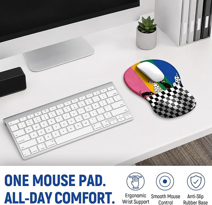 Ergonomic Mouse Pad with Wrist Rest, Gel Wrist Support, Checker Dog | 10.2 x 7.6 in Mouse Pad with Smooth Fabric Surface and Non-Slip Rubber Base for Office, Home, Study, and Gaming