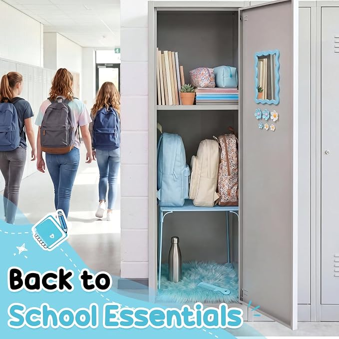 RattanView 10 Pcs Locker Decoration Kit Magnetic Acrylic Mirror Plush Rug Small Comb 6 Flower Magnet Locker Organizer for Back to School Teen Student Girl Office Work Lockers Accessories Gift(Blue)