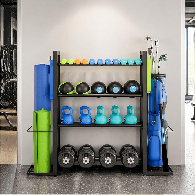 4-Tier Dumbbell Rack with Yoga Mat Holder, Home Gym Weight Rack | Multi-Function Side Storage for Yoga Mats, Foam Rollers & Long Fitness Accessories, 4 Utility Hooks, Heavy-Duty Steel Frame