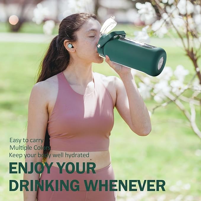 64oz Glass Water Bottles with Straw, Half Gallon Motivational Glass Bottle with Silicone Sleeve and Time Marker, 2L Leakproof Large Glass Water Jug for Gym Home Office, Ink Green