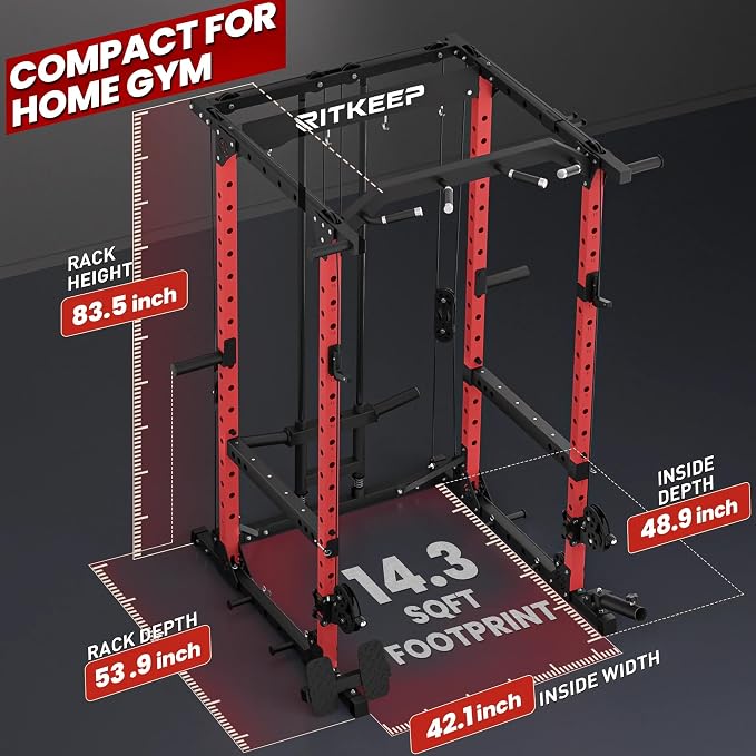 RitKeep Power Rack M10 with Pulley System & LAT Pull Down for Home Gym | Multi-Function Squat Rack with 1500LB Capacity, Pull-Up Bar & J-Hooks plus 11 Attachments for Strength Training