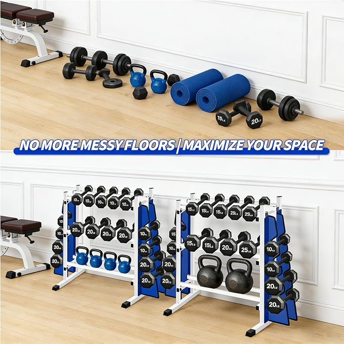 Heavy Duty Dumbbell Rack, 2-Side Extension Holder for Home Gym Storage Rack | Adjustable Width, Large Weight Capacity, Sturdy Steel Stand Only, for Dumbbells & Kettlebells Home Gym Storage Rack