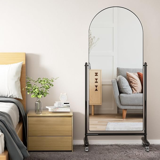 Modern Arch Mobile Floor Mirror, 65"L x 23"W, Black Metal Frame, Tilting, Rolling Wheels