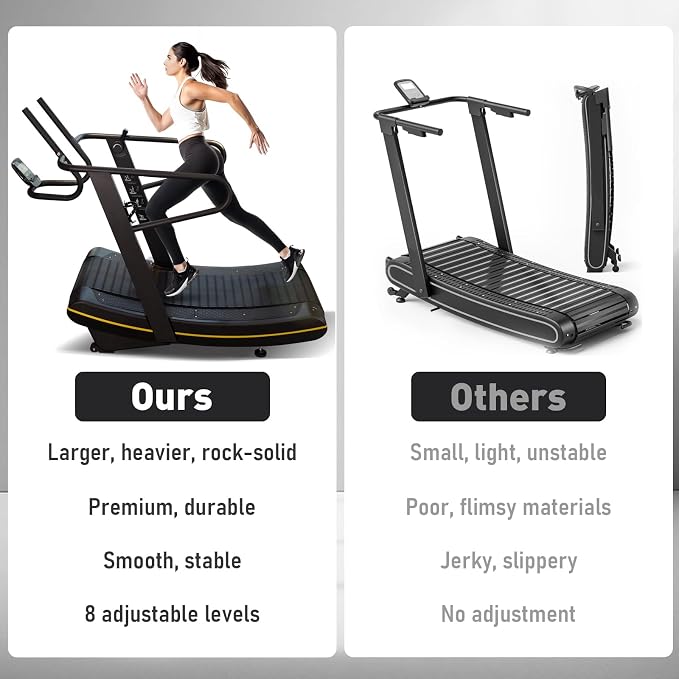 Curved Manual Treadmill, Non Electric Treadmill with 8 Resistance Levels | Self-powered curved treadmill with 8 resistance levels, LED display, rubber belt, phone holder, and transport wheels.