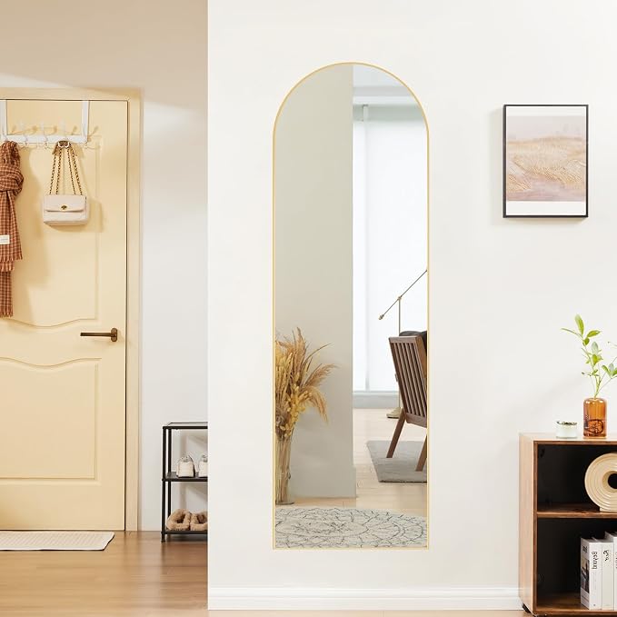 OLIXIS Arched Full Length Mirror, 58"x19" Full Body Mirror | Mirrors with Stand, Hanging or Leaning for Wall, Aluminum Alloy Thin Frame Floor Standing for Living Room, Long, Gold