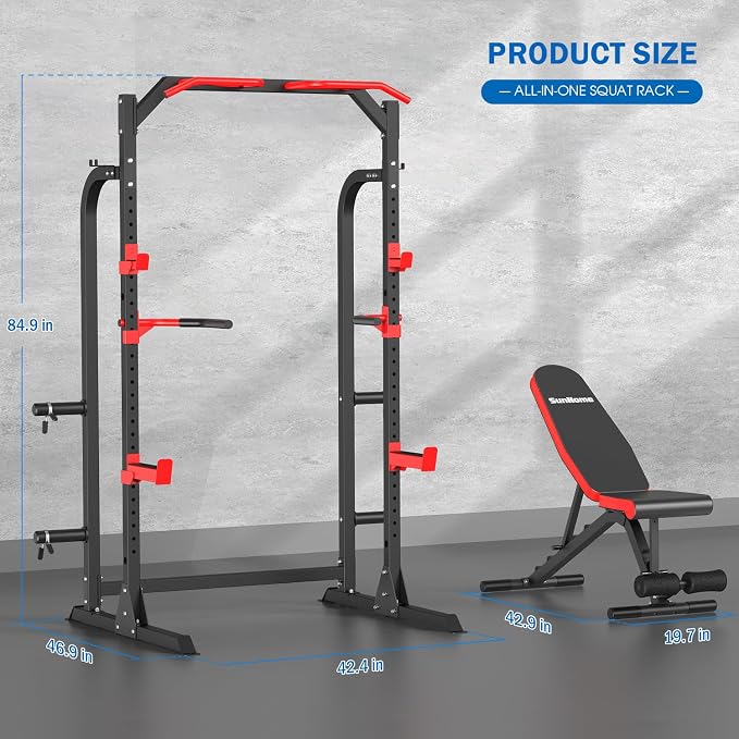 SunHome Power Cage Squat Rack, Power Rack with Pulley System, Adjustable Cable Crossover System, J-Hooks, Dip Handles, Weight Plate Storage