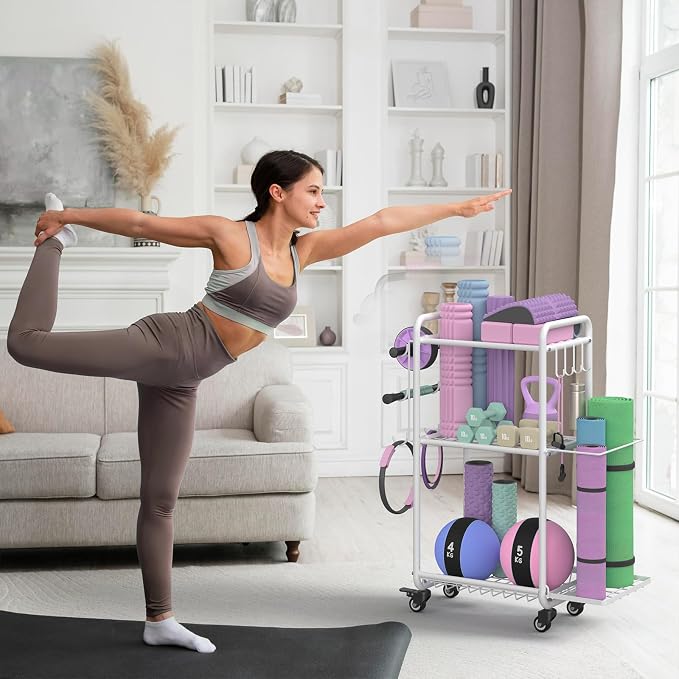 Multi-Functional Home Gym Storage Rack with Wheels and Hooks | Gym Equipment Storage for Dumbbells Kettlebells Yoga Mat, All-in-One, Space Saving, Easy to Assemble