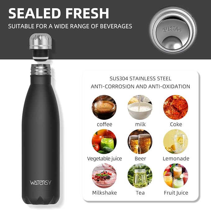 WATERSY Stainless Steel water bottles,17oz/500ml Insulated Water Bottle | Black metal water bottle Keeps Drink Cold and Hot,BPA Free kids water bottles for School,Gym,Travel,Sports