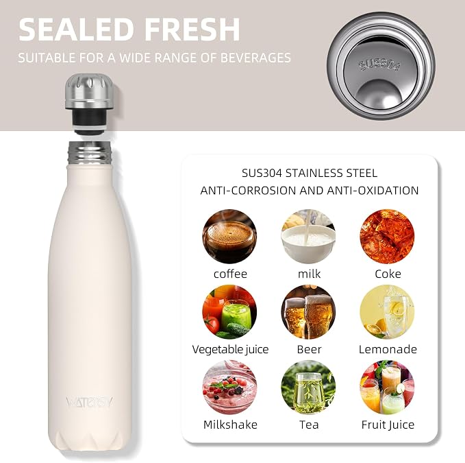 WATERSY Stainless Steel water bottles,17oz/500ml Insulated Water Bottle | Ivory Beige metal water bottle Keeps Drink Cold and Hot,BPA Free kids water bottles for School,Gym,Travel,Sports