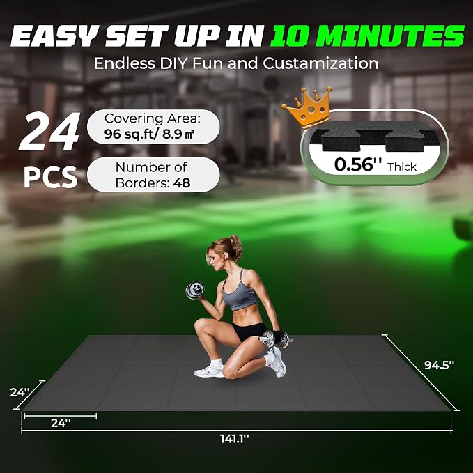 PRAISUN 0.56" Rubber Top Gym Flooring, Heavy Duty Interlocking Gym Mats for Home Gym, Non-Slip Workout Mat, 24 x 24in Large Gym Floor Mat, Protect Floors from Weights & Equipment, 96 Sq Ft, Pure Black