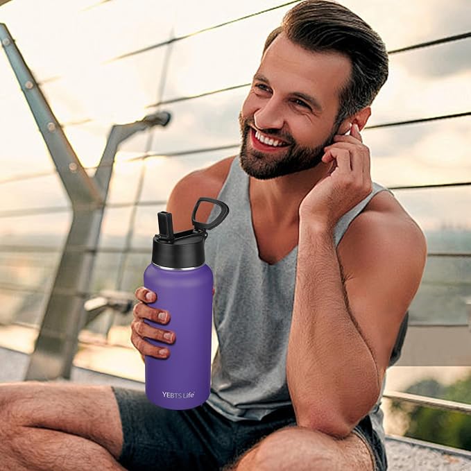 Insulated Water Bottle With Straw,32 oz Vacuum Insulated Stainless Steel Sports Water Flask,Keeps Cold and Hot,Metal Water Bottle Wide Mouth for Gym Travel Camping (Purple)