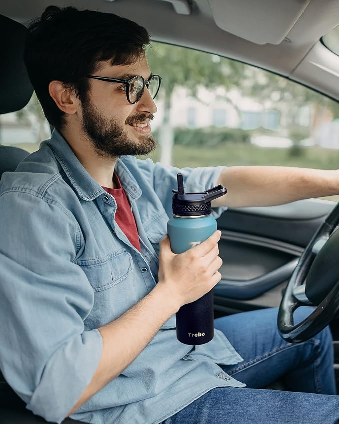 Trebo 32 oz Water Bottle Insulated Fits in Any Car Cup Holder with 2 Lids | Stainless Steel T-shape Tumbler with Paracord Handle, Triple Wall Vacuum Copper Plated, Cold 48 Hrs for Travel, Leakproof
