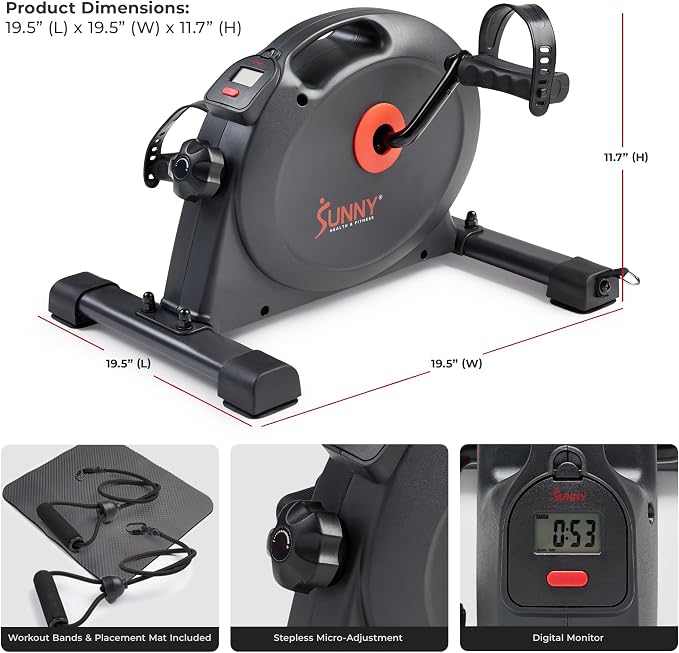 Sunny Health & Fitness Smart Under-Desk Bike Exerciser, Low-Impact Cardio Cycling Equipment for Home/Office, Mini Paddler for Arm/Leg Mobility Training, Free SunnyFit App