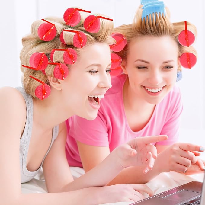 Geyoga 18 Pieces Red Foam Hair Rollers Large Hair Curlers Sponge Rollers for Heatles to Sleep in a Curl for Women's Short and Long Hairs Styling (1.4 x 2.6 Inches)