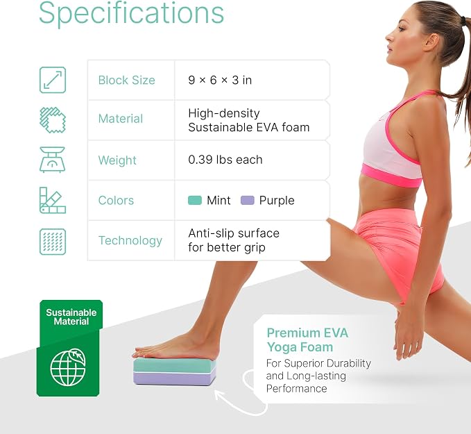 Yoga Blocks 2 Pack with Strap and Guide – Soft Non-Slip EVA Foam Blocks | High-Density Pilates Blocks for Home Workouts, Dance, Ballet, Gymnastics & Stretching Exercise, Dance Accessories and Gifts