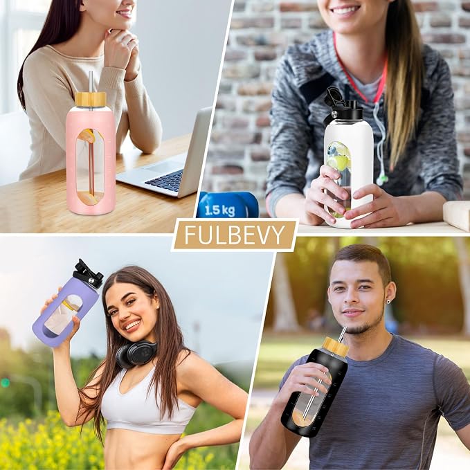 FULBEVY Glass Water Bottles 64 oz - Half Gallon Large Motivational Daily Water Intake Bottle Time Marker - Glass Water Bottle With Straw, Silicone Sleeve 2 Lids, Handle Spout & Bamboo Lid(White)
