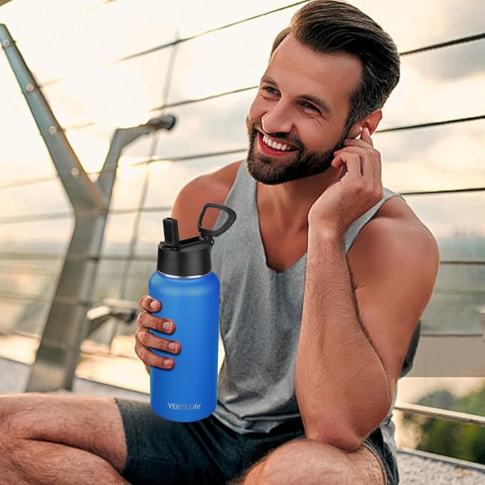 Insulated Water Bottle With Straw,32 oz Vacuum Insulated Stainless Steel Sports Water Flask,Keeps Cold and Hot,Metal Water Bottle Wide Mouth for Gym Travel Camping (Ocean blue)