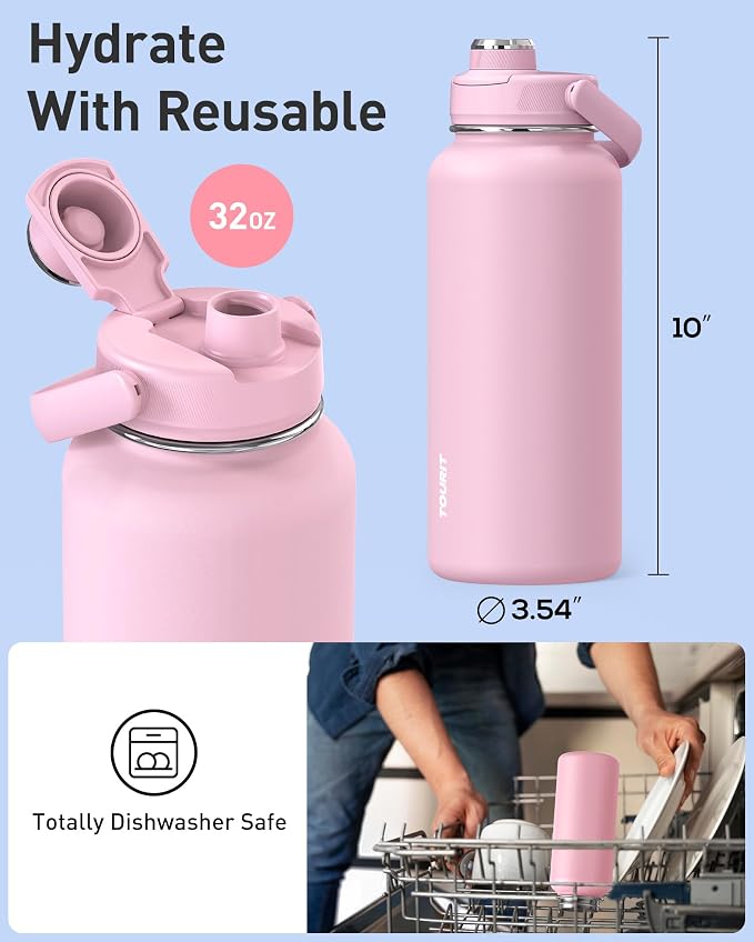 TOURIT 24 oz Insulated Stainless Steel Water Bottle, Pink | Double-wall vacuum thermal flask with top handle, leakproof & BPA-free design for sports, gym, hiking & travel use