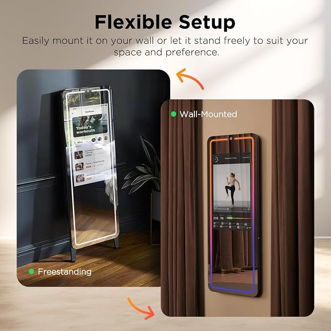 Smart Gym Mirror for Home Workouts, 32" HD Touchscreen with Android OS, 63" Full-Length Mirror, No Subscription Required, Fitness App Support, Voice Control & Music Sync LED Light Strip
