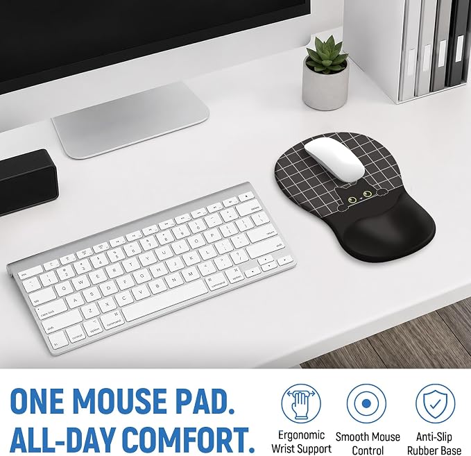 Ergonomic Mouse Pad with Wrist Rest, Gel Wrist Support, Black Cat | 10.2 x 7.6 in Mouse Pad with Smooth Fabric Surface and Non-Slip Rubber Base for Office, Home, Study, and Gaming