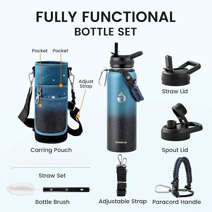 RAYMYLO Insulated Water Bottle 40 oz, Triple Wall Vacuum Stainless Steel | (Cold for 36Hrs, Hot for 18Hrs), Leak Proof & Non-BPA, Modern Water Flask Jug with Paracord Handle & Straw Spout Lids
