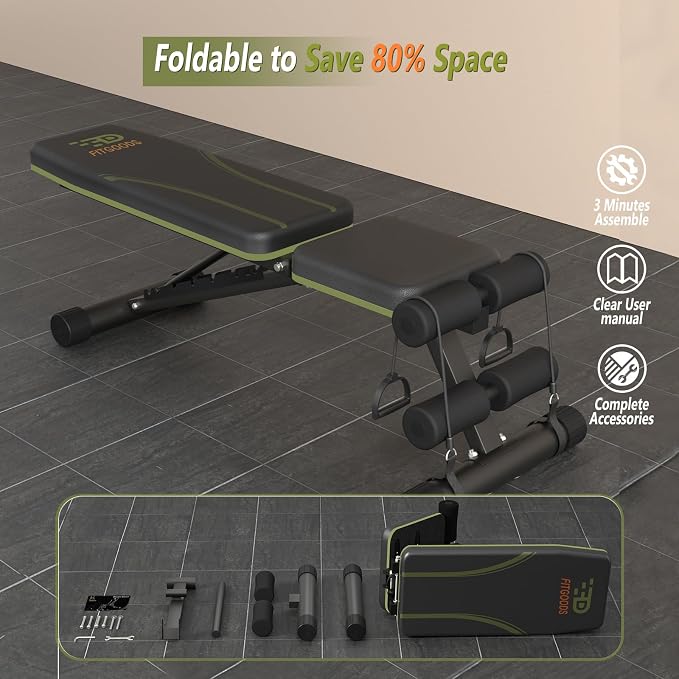 Fitgoods Adjustable Weight Bench for Home Gym, Foldable 700LBS Workout Bench with 9 Backrests, Multi-Purpose Bench Press for Incline Decline Flat with Fast Adjustment (2 resistance bands)