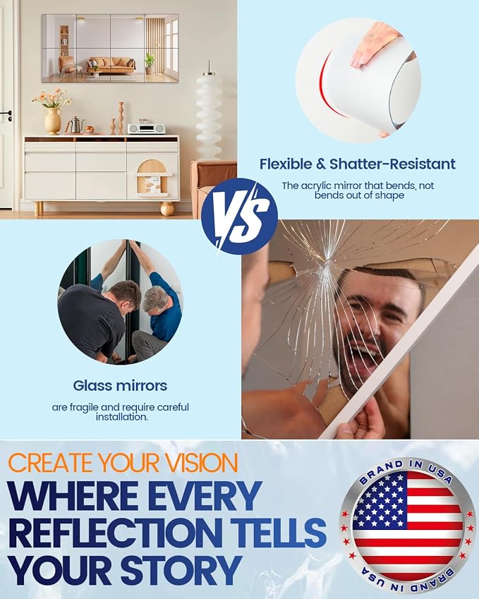 8Pcs 16x16 Inch Self-Adhesive Mirror Panels, Shatterproof Flexible Acrylic Mirror Sheets, Peel & Stick Wall Mirror Tiles for Bedroom, Home Gym, DIY Decor
