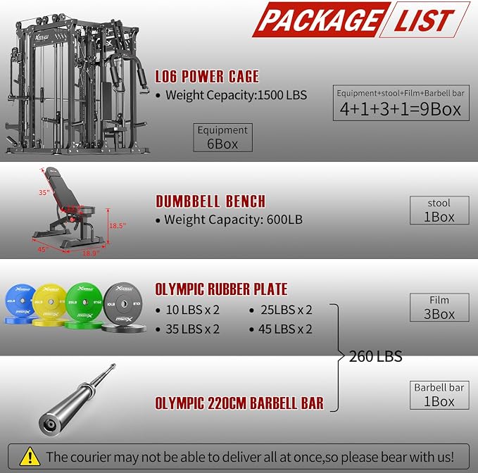 Smith Machine with Cable Crossover System, Multi-Function Power Cage Squat Rack for Home Gym, Power Rack and Packages Weight Sets.