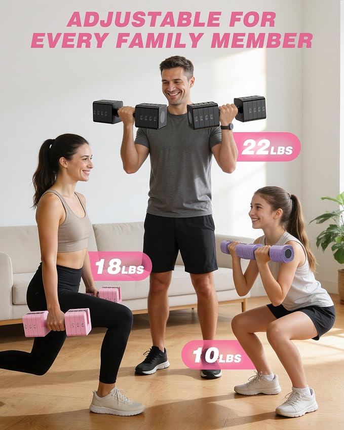 Rendpas Adjustable Dumbbell Set of 2, 10lb & 22lb Pairs (5lb/11lb Each) | Anti-Slip No-Roll Handle Weights, Bench Combo Option for Home Gym, Pilates & Strength Training