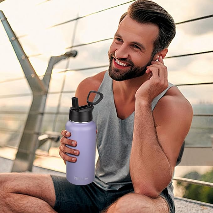 Insulated Water Bottle With Straw,32 oz Vacuum Insulated Stainless Steel Sports Water Flask,Keeps Cold and Hot,Metal Water Bottle Wide Mouth for Gym Travel Camping (Pale purple)