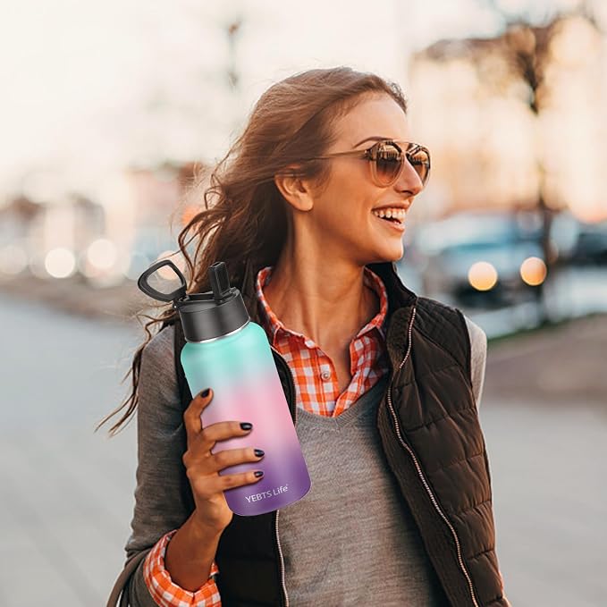 Insulated Water Bottle With Straw, 32 oz Vacuum Insulated Stainless Steel Sports Water Flask, Keeps Cold and Hot, Metal Water Bottle Wide Mouth for Gym Travel Camping (lucky Rainbow)