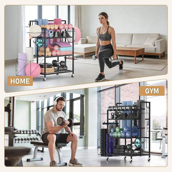 Home Gym Storage Rack, Multi-functional Workout Equipment Storage for Dumbbells, Kettlebells & Yoga Mats, Heavy Duty Weight Rack for Home Garage Gym, Rolling Fitness Equipment Organizer with Hook