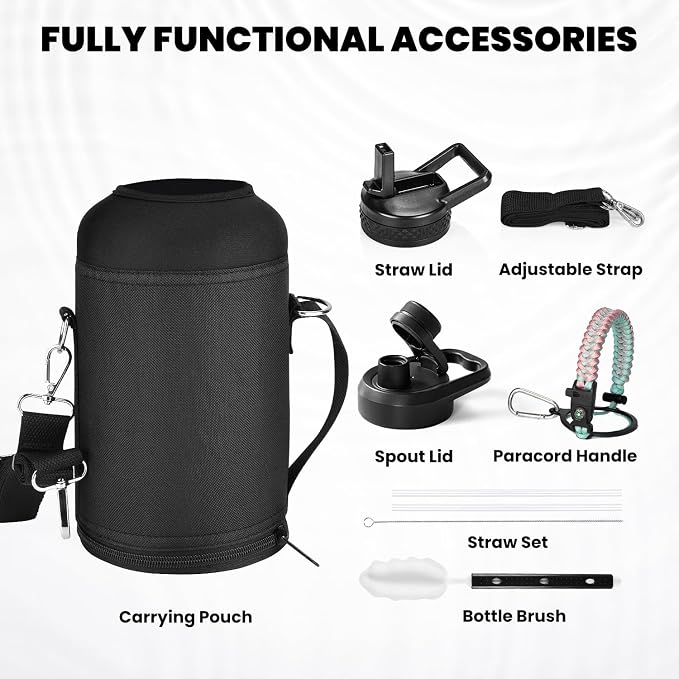 RAYMYLO Insulated Water Bottle 64 oz, Triple Wall Vacuum Stainless Steel | (Cold for 48 Hrs), Leak Proof & Non-BPA, Half Gallon Water Flask Jug with Paracord Handle & Straw Spout Lids, Hydrangea