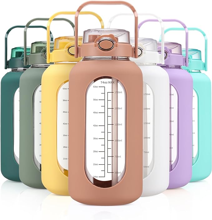 chunmo 74 oz Glass Water Bolttles with Straw Large Motivational Water Bottle with Time Marker Sports Water Bottles with Silicone Sleeve and Handle Lid 2.2L Water Jug for Gym Workout