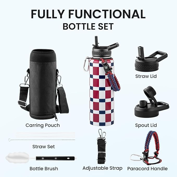 RAYMYLO Insulated Water Bottle 40 oz, Triple Wall Vacuum Stainless Steel | (Cold for 36Hrs, Hot for 18Hrs), Leak Proof & Non-BPA, Modern Water Flask Jug with Paracord Handle & Straw Spout Lids
