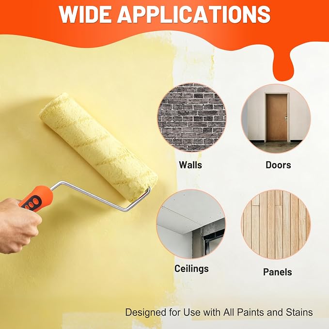 ValueMax 12PCS Paint Roller Kit with Tray, 9" & 4" Roller Frames, 6PCS Microfiber Replacement Covers 3/8" Nap, 3PCS Stainless Steel Extension Poles, for Walls, Ceilings, Floors, Furniture | 6 Microfiber Roller Covers, 3/8" Nap Thickness, Stainless Stee...