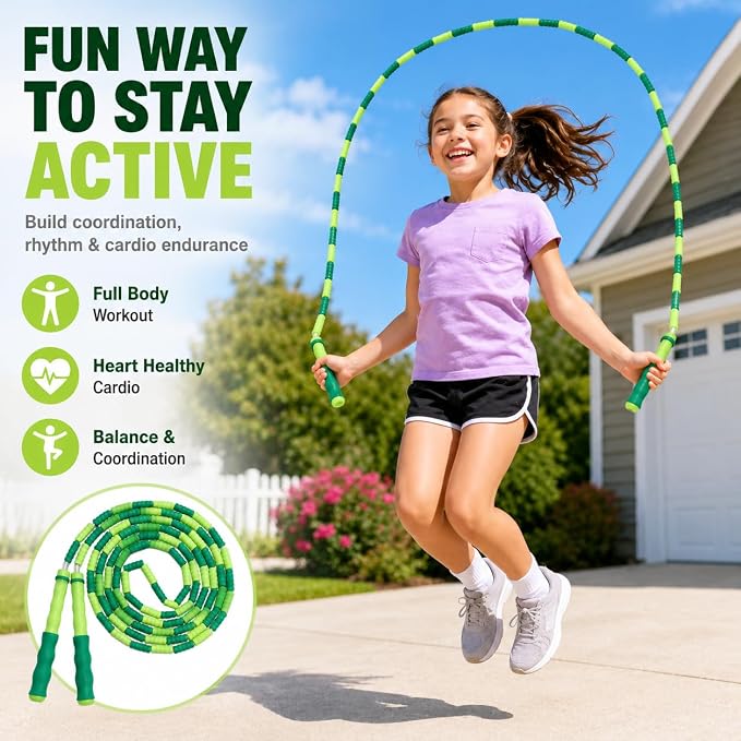 Jump Rope for Kids, Beaded Jumping Rope for 8-12, 9Ft Adjustable Skipping Rope with Soft Beaded, Tangle-Free Jumprope for Girls Boys, Students Outdoor Fitness Exercise