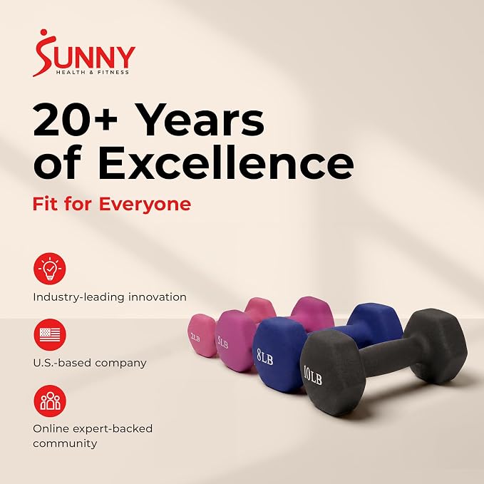 Sunny Health & Fitness Neoprene Hex Dumbbell for Home Gym 2-10 lb Pair | Strength & Cardio Weights, Muscle Toning, Yoga, Pilates & Rehab, Secure Grip, Home Workouts, 2, 5, 8, 10 lb Pairs