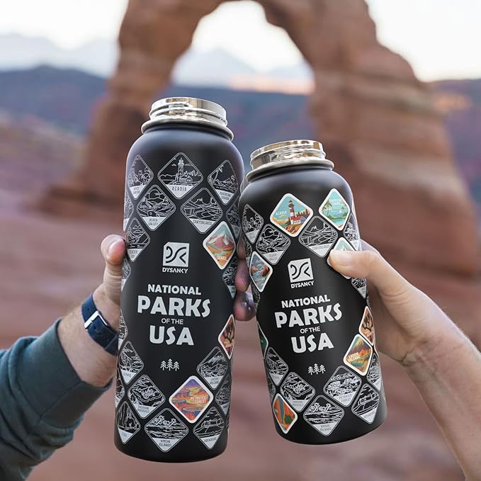 DYSANKY National Parks Water Bottle – 32 oz Insulated Stainless Steel Bottle with 63 Hand-Drawn Park Stickers, Carrier Bag, Strap & Gift Box – BPA-Free – Ideal for Hiking, Camping & Travel