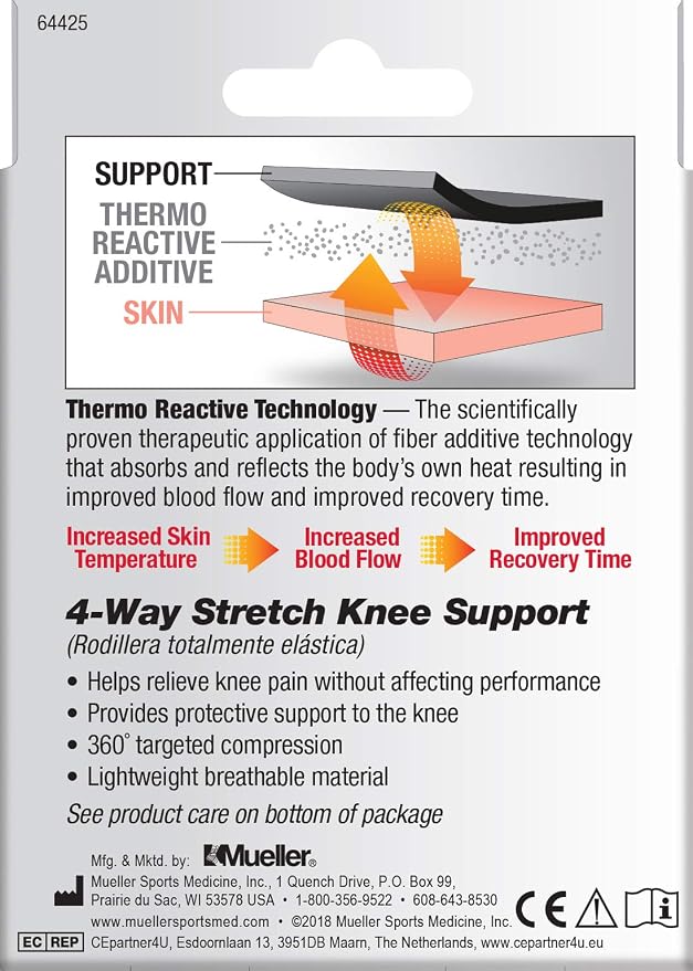 MUELLER Sports Medicine FIR 4-Way Stretch Compression Knee Support, Knee Pain Relief Support for Men & Women, Ideal for Arthritis, Sprains, Gray/Blue