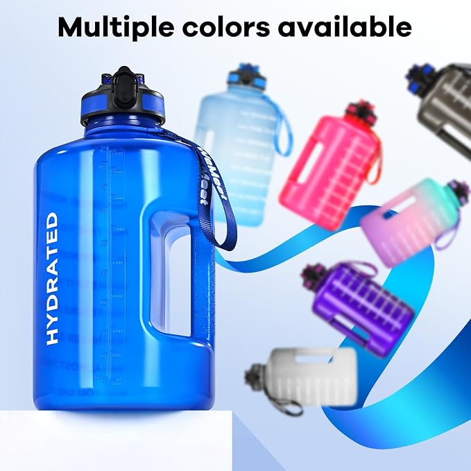 WEMEET 1 Gallon Water Bottle with Handle, 128oz LeakProof Reusable Gym Water Bottle with Capacity Scale, BPA Free, Ideal for Gym and Outdoor Life (Blue)